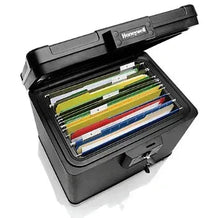 Black Honeywell fireproof file chest open, showing hanging file folders inside
