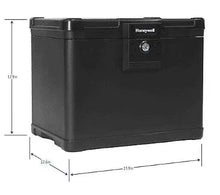 Black Honeywell file chest, side view with front lock and corner details