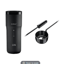 Ember black travel mug with lid and included charging cable and adapter
