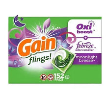 Laundry detergent pacs box with Moonlight Breeze scent, green package and 152 count badge