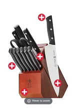 ZWILLING Dynamic 12 pc knife block set with brown wooden block and black-handled knives