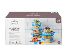 Round glass food storage set with airtight locking lids, shown in retail box