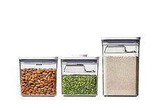 OXO pop container set, three clear bins with flip-top lids
