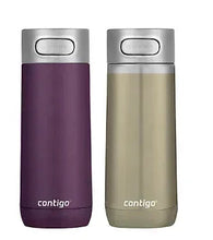 Two Contigo travel mugs, one dark purple and one light beige, with lids and contoured bodies