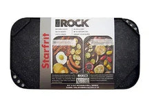 Black reversible grill and griddle with 'ROCK' packaging card on top, ridged surface