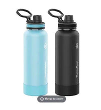 Two spout bottles, sky blue and black, with flip-top lids and carry loop