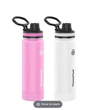 Pair of insulated spout water bottles, pink and white, with carry handles and caps