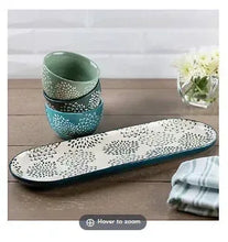 4-piece serving set with teal patterned bowl and matching long serving tray