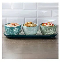 4-piece serving set with three patterned bowls on rectangular dark serving tray