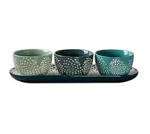 4-piece serving set with teal patterned bowls and matching dark serving tray