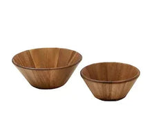 Set of 2 acacia wood serving bowls in medium brown, round tapered shape