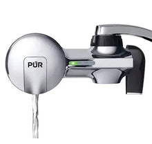 Chrome faucet mount water filter with PUR logo and spout water flow