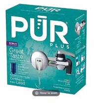 Chrome faucet mount water filter retail box showing faucet attachment and PUR logo