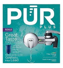 Chrome faucet mount water filter retail box with PUR branding and faucet illustration