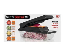 Nutri Slicer XL food slicer with press handle and clear food container