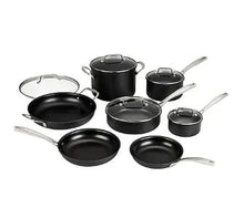 Nonstick hard-anodized cookware set with black pans and matching lids