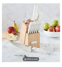 Cuisinart knife block set with white-handled knives on wood block, plus sharpening steel
