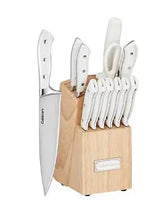 Cuisinart knife block set with 9 white-handled knives and shears in wooden block