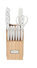 Cuisinart knife block set with 9 white-handled knives and wood storage block