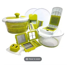 MegaChef 10-in-1 spinner and slicer with green and white bowls and grater attachments