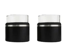 Black insulated can koozies with white trim, 2-pack.