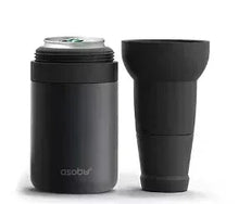 Black beer cooler with screw-top lid and matching tapered cup sleeve
