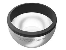Asobu wine koozie with black rim, white interior, and brushed stainless exterior