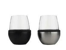 Asobu wine koozie set, two black and silver insulated holders with open top