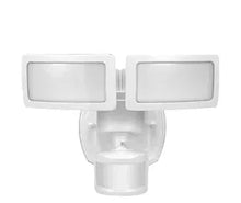 Dual-head LED motion security flood light with two rectangular heads, white finish
