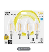 Feit Electric Decade 4-pack LED candelabra bulbs on retail box, soft white