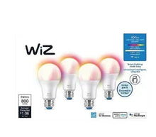 Four A19 WiZ LED smart bulbs with white base and multicolor glow, 4-pack