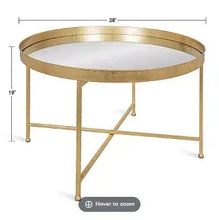 Round coffee table, 28 in diameter, gold frame with dark glass top