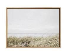 Framed canvas wall art with beach grasses, dunes, and a distant ocean horizon