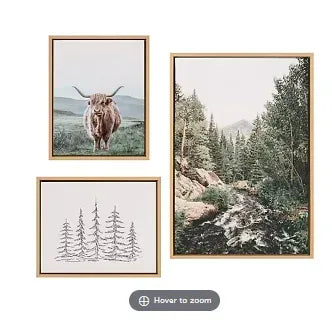 Kate and Laurel Sylvie Meet Here, Highland Cow Mountain and Evergreen Trees Framed Canvas Wall Art by Various Artists, 3 Piece