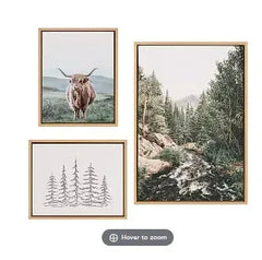 Kate and Laurel Sylvie Meet Here, Highland Cow Mountain and Evergreen Trees Framed Canvas Wall Art by Various Artists, 3 Piece