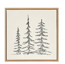 Framed canvas wall art with minimalist evergreen tree sketch and light background