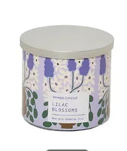 Scented 3-wick candle with white lid and lilac blossom print on jar