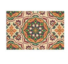 Ivory indoor/outdoor doormat with ornate green and brown medallion pattern