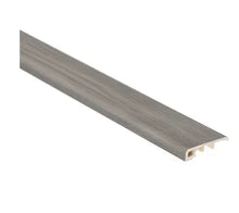 Grey pine baby threshold trim with wood-grain finish and beige undersill