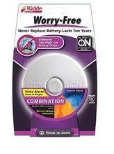 Battery-powered smoke and carbon monoxide alarm in retail packaging, white and gray with button