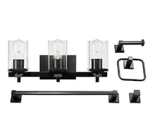 Black wall-mounted bathroom accessory set with dispenser bar, towel bar, and ring holders
