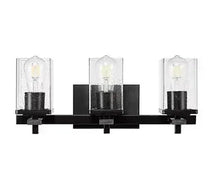 Black wall-mounted bathroom accessory bar with three clear dispenser cups