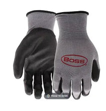 Polyurethane hardware gloves with gray knit back, black coated palms, Boss logo on wrist.