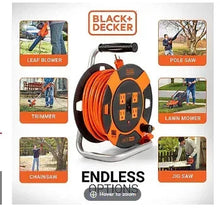 Extension cord reel with four outlets, orange cable, black handle frame