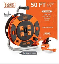 Retractable cord reel showing four grounded outlets and on/off reset switch, orange