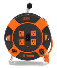 Retractable extension cord reel with four outlets, orange cable, black casing