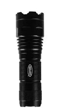 Black tactical flashlight with knurled grip and front head