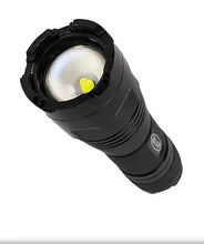 Black flashlight with ridged handle and front lens
