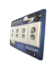 Pack of 4 wall plate night lights, white outlet cover plates, retail packaging.