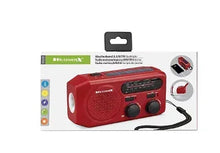 Weatherband hand-crank AM/FM radio with flashlight, red with front tuning and buttons